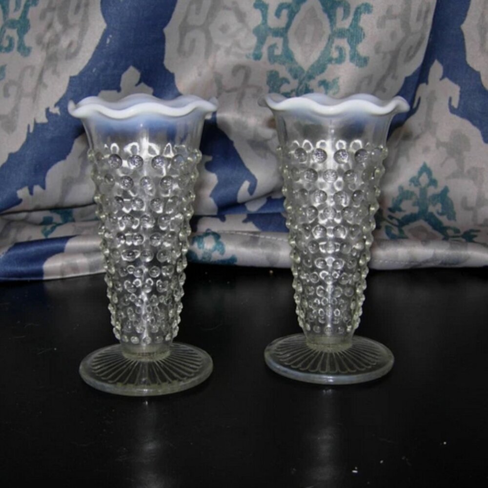 Pair Of Vintage Hobnail Moonstone Opalescent Glass Vases Fluted Edge 5.5”